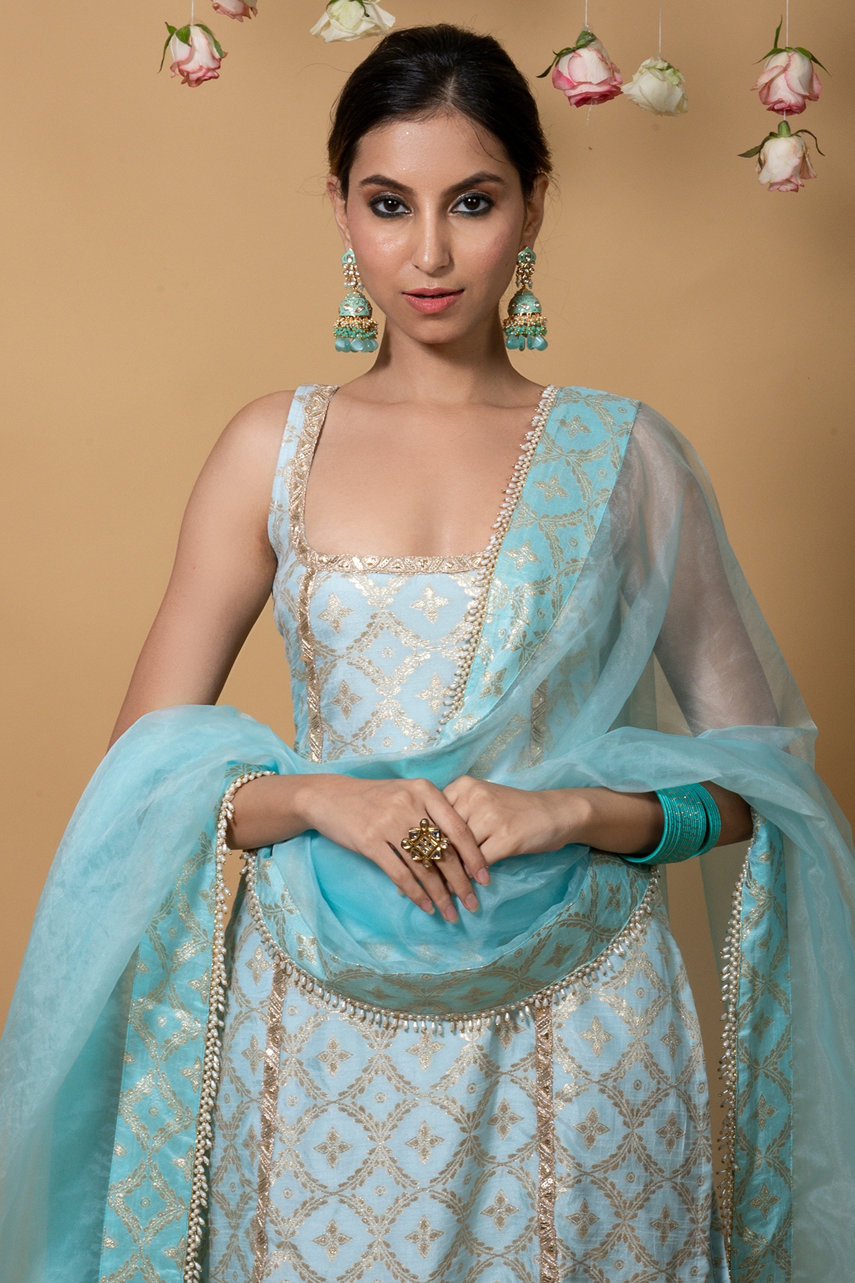 Nude Embroidered Blouse and Mint Green Brocade Lehenga | The Little Black  Bow – KYNAH