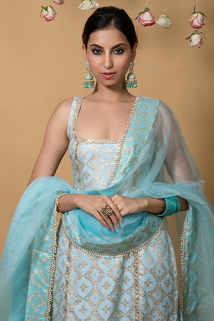Blue Brocade Kurta Set by Monk & Mei at Pernia's Pop Up Shop