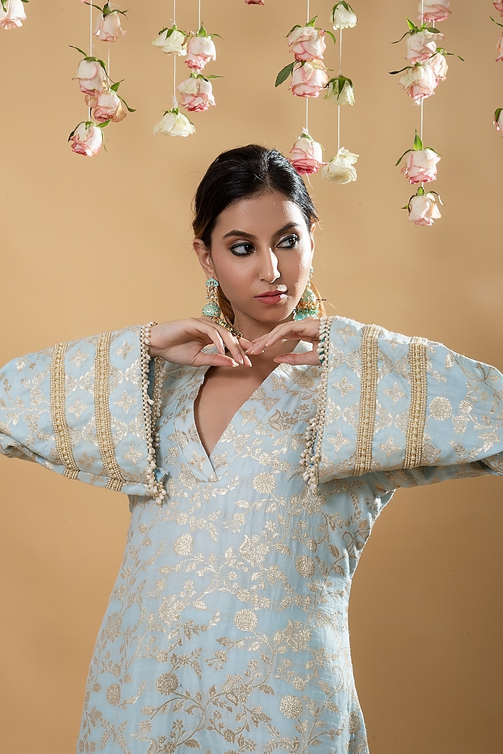 Blue Brocade Kurta Set by Monk & Mei at Pernia's Pop Up Shop
