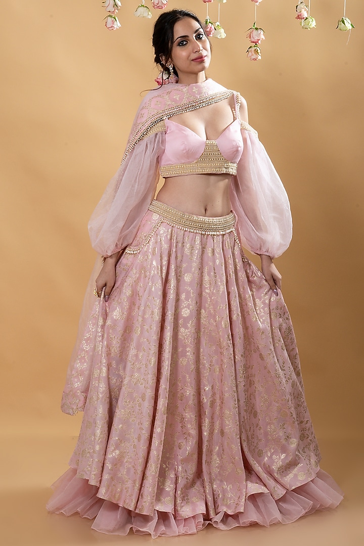 Pink Brocade & Organza Lehenga Set by Monk & Mei at Pernia's Pop Up Shop