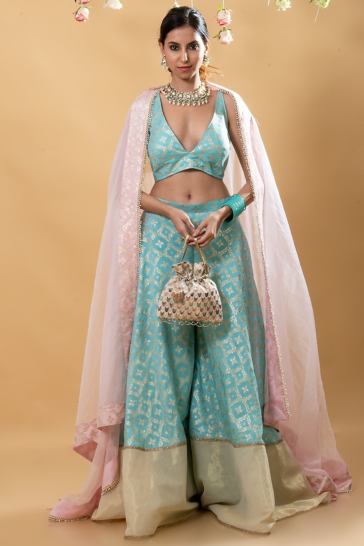 Blue Brocade Sharara Set by Monk & Mei at Pernia's Pop Up Shop