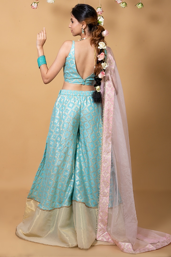 Blue Brocade Party Wear Sharara Set by Monk & Mei at Pernia's Pop Up Shop