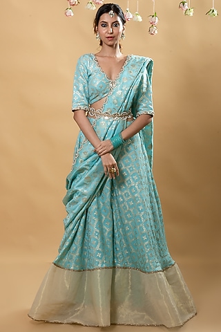 Blue Brocade Sharara Set by Monk & Mei