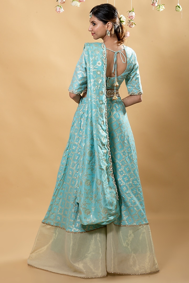 Blue Brocade Party Wear Sharara Set by Monk & Mei at Pernia's Pop Up Shop