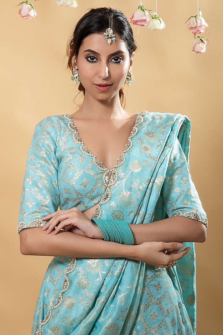 Blue Brocade Party Wear Sharara Set by Monk & Mei at Pernia's Pop Up Shop