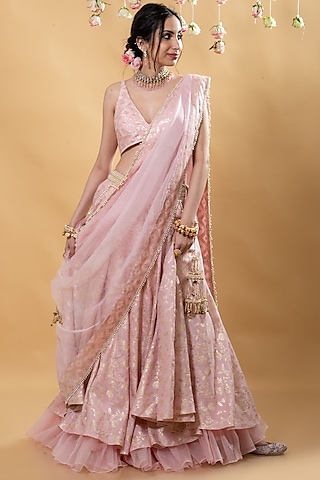 Light Pink Embellished Chiffon Lehenga – Lashkaraa