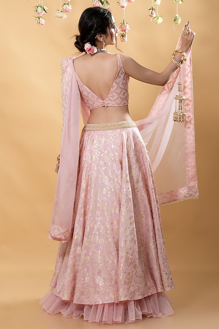 Pink Brocade & Organza Lehenga Set by Monk & Mei at Pernia's Pop Up Shop