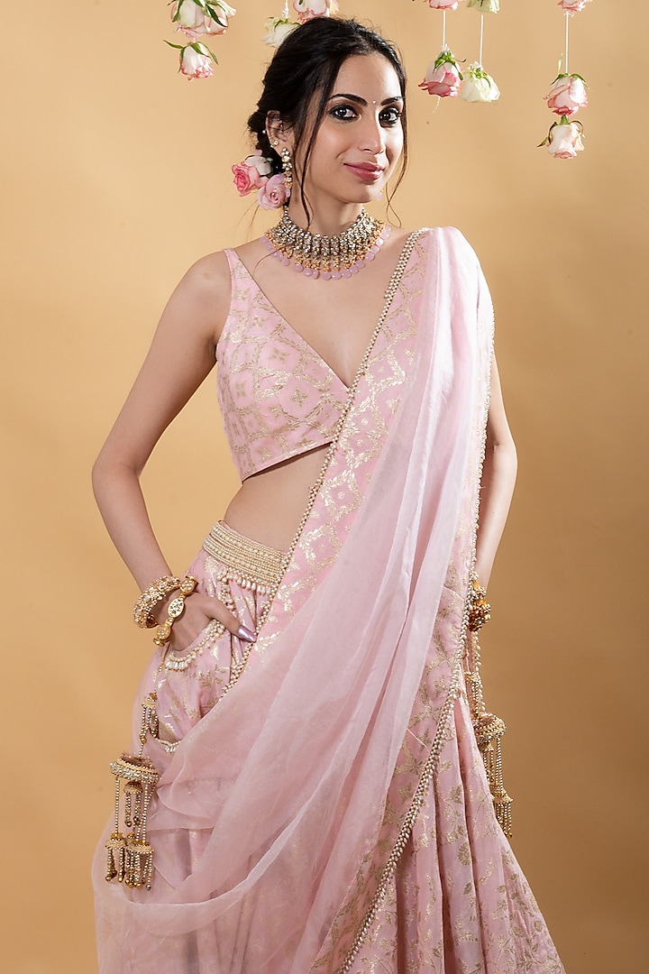 Pink Brocade & Organza Lehenga Set by Monk & Mei at Pernia's Pop Up Shop