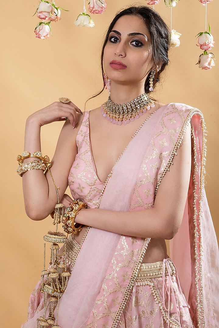 Pink Brocade & Organza Lehenga Set by Monk & Mei at Pernia's Pop Up Shop