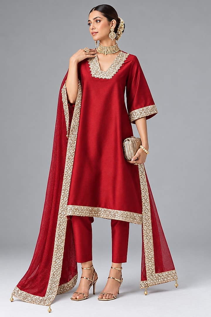 Deep Red Silk Embellished A-Line Kurta Set by Monk & Mei at Pernia's Pop Up Shop