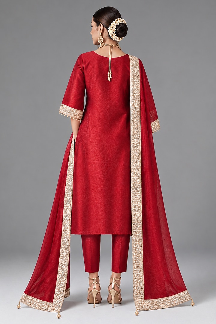 Deep Red Silk Embellished A-Line Kurta Set by Monk & Mei at Pernia's Pop Up Shop