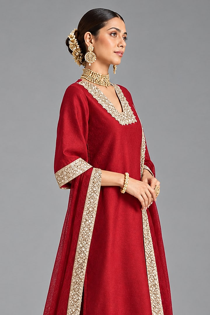 Deep Red Silk Embellished A-Line Kurta Set by Monk & Mei at Pernia's Pop Up Shop