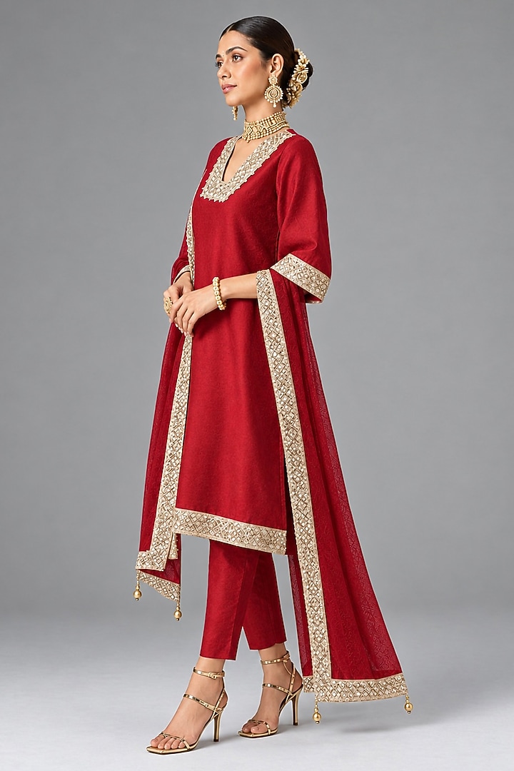Deep Red Silk Embellished A-Line Kurta Set by Monk & Mei at Pernia's Pop Up Shop