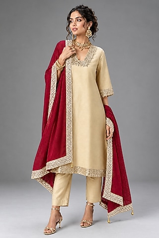 Beige Silk Embellished A-Line Kurta Set by monk & mei