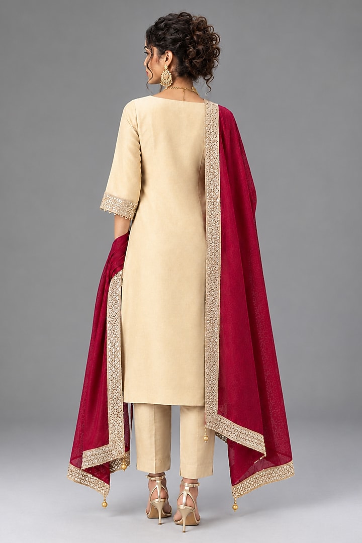 Beige Silk Embellished A-Line Kurta Set by Monk & Mei at Pernia's Pop Up Shop