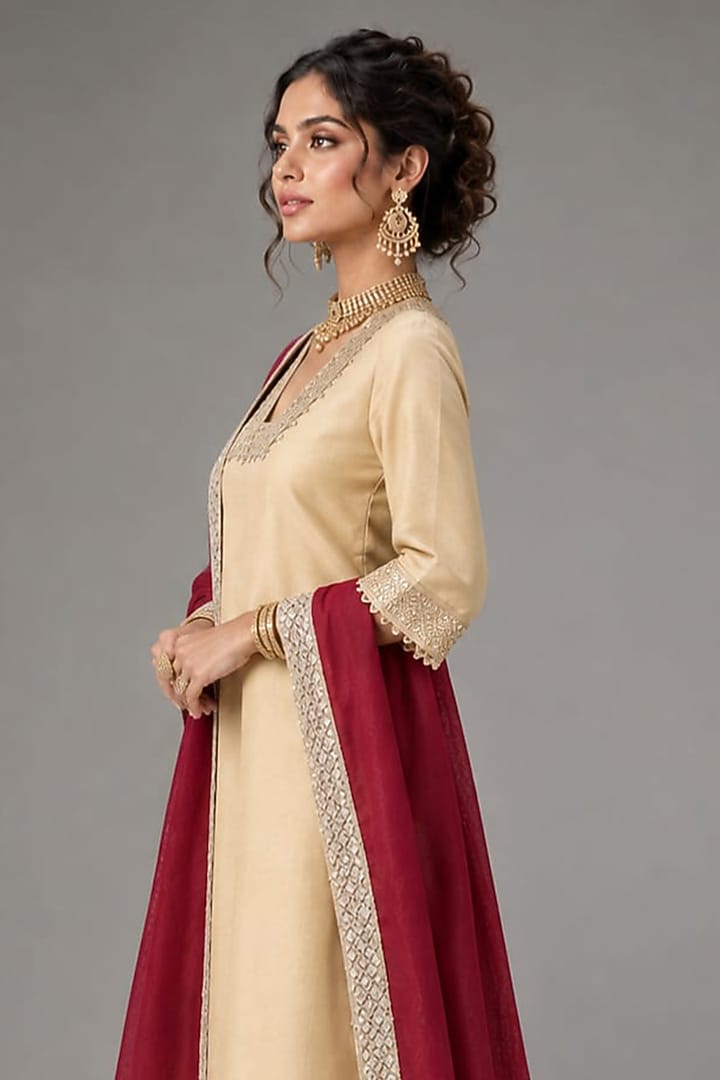 Beige Silk Embellished A-Line Kurta Set by Monk & Mei at Pernia's Pop Up Shop
