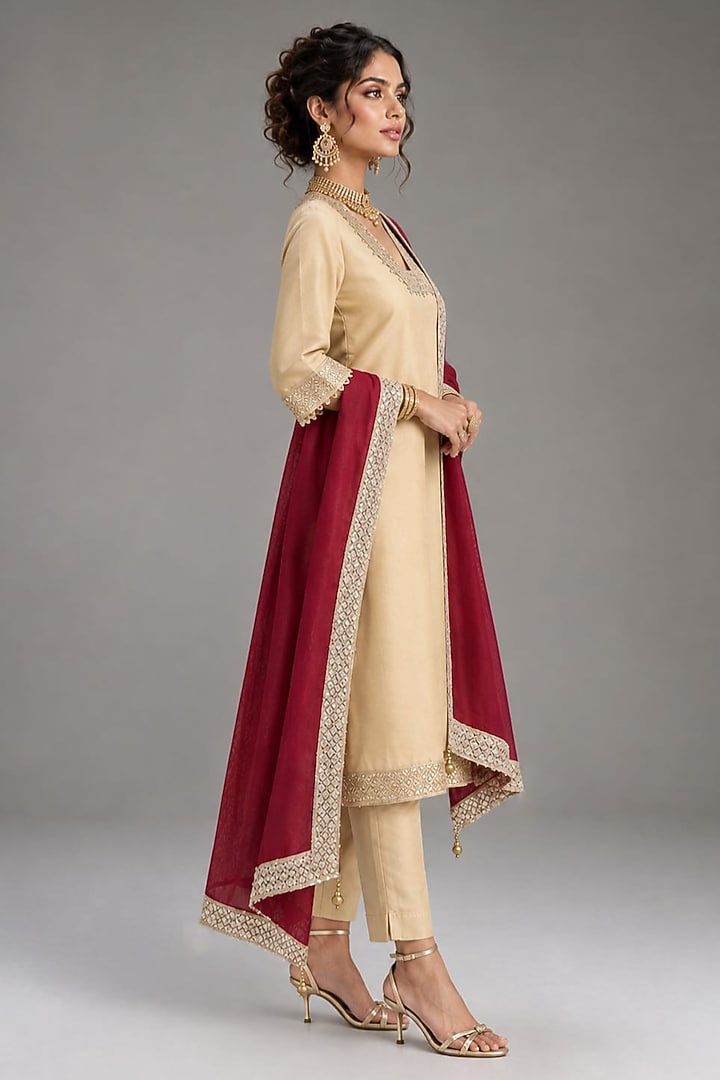 Beige Silk Embellished A-Line Kurta Set by Monk & Mei at Pernia's Pop Up Shop
