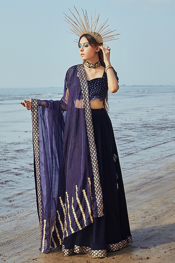Deep Midnight Blue Embroidered Lehenga Set by Monk & Mei