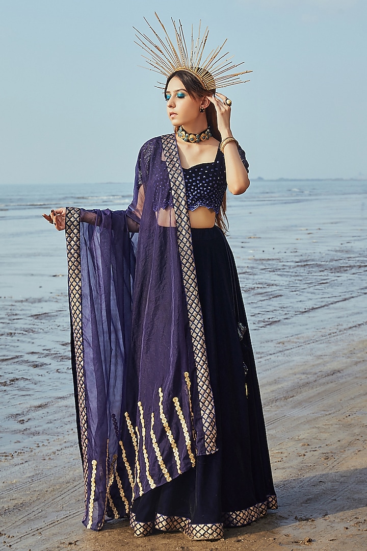 Deep Midnight Blue Embroidered Lehenga Set by Monk & Mei at Pernia's Pop Up Shop