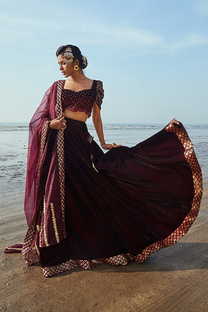 Wine Embroidered Lehenga Set by Monk & Mei