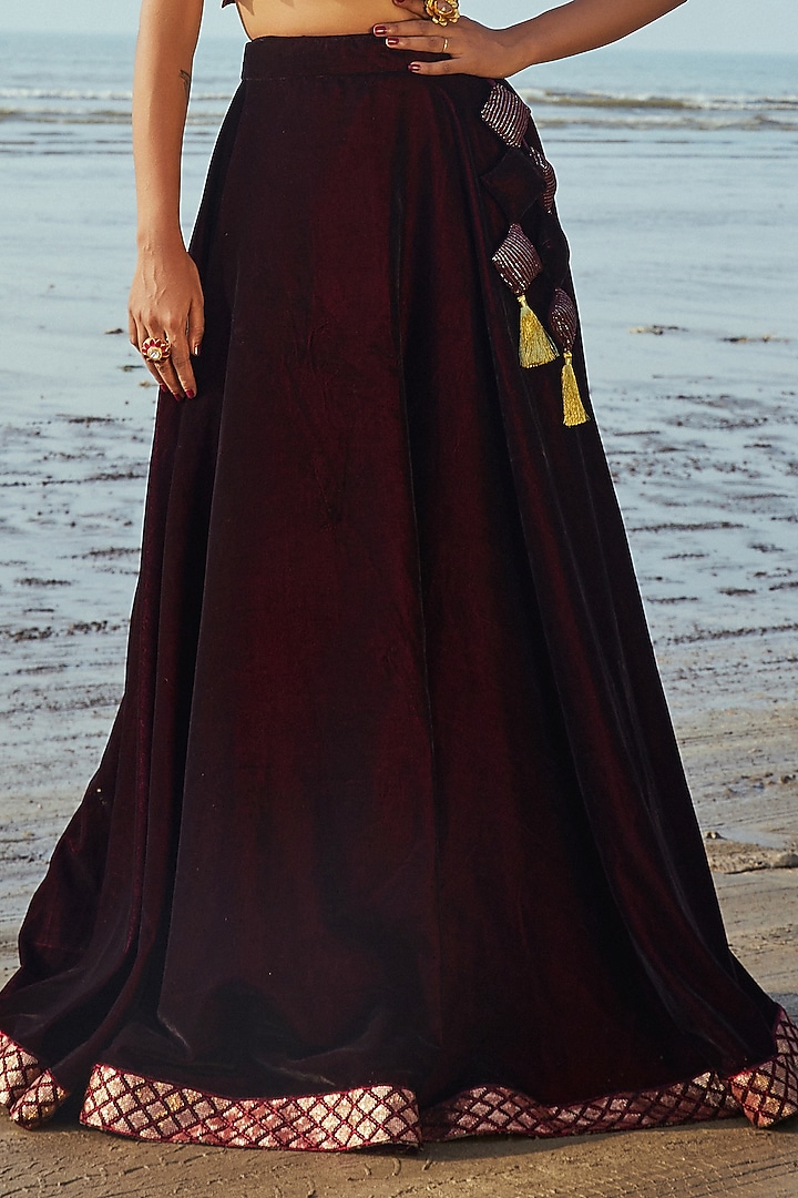 Mahagony wine embroidered lehenga set with drape cape main image 1