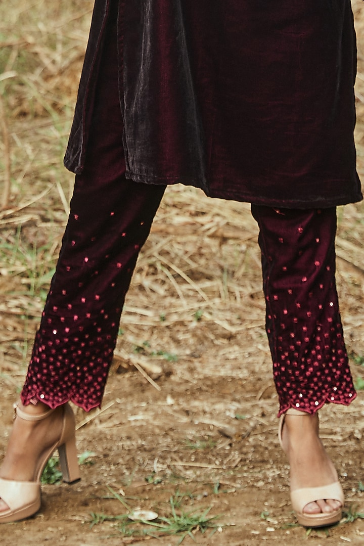 Wine Embroidered Kurta Set by Monk & Mei at Pernia's Pop Up Shop
