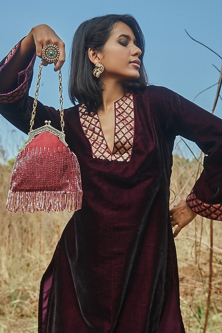 Wine Embroidered Kurta Set by Monk & Mei at Pernia's Pop Up Shop
