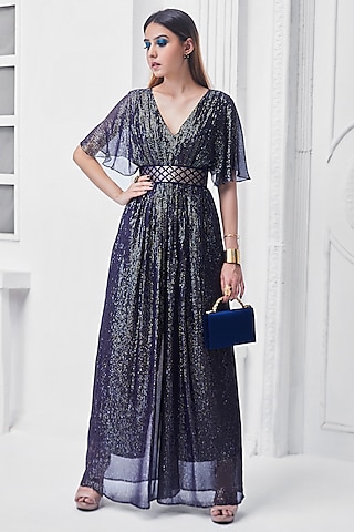 Deep Midnight Blue Georgette Jumpsuit by Monk & Mei