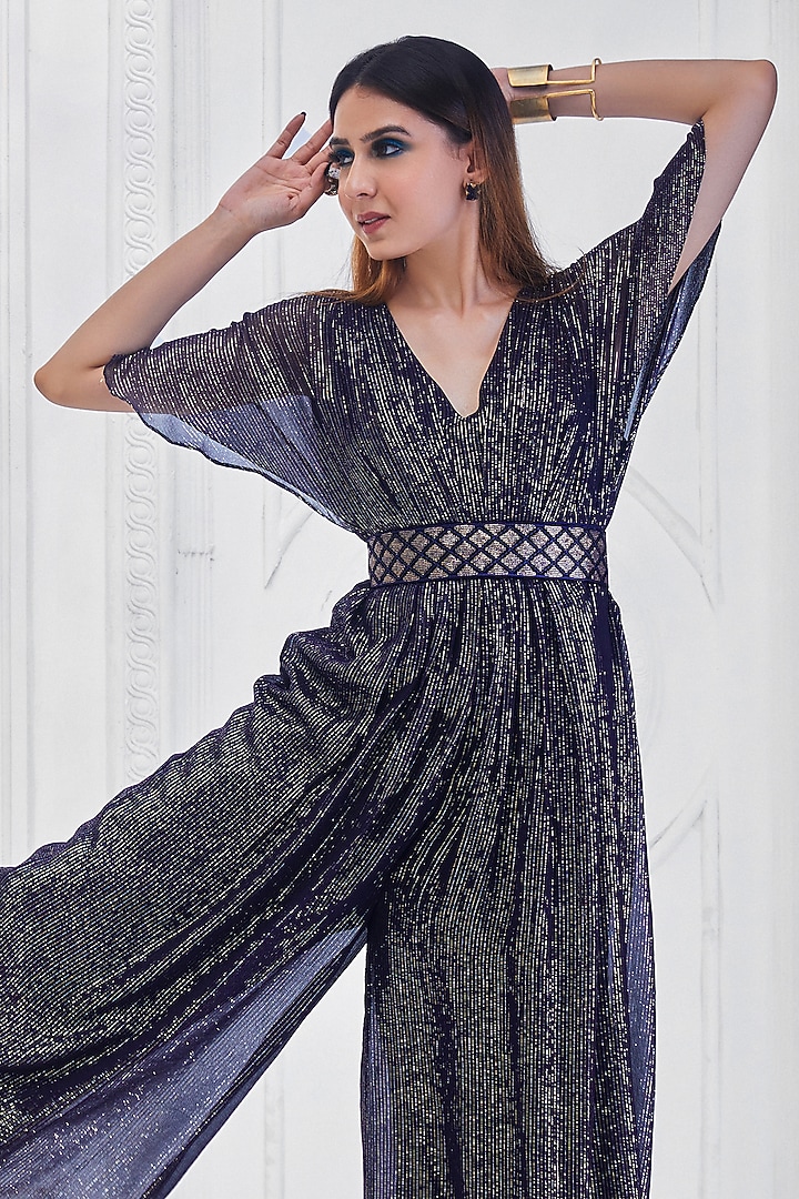 Deep Midnight Blue Georgette Jumpsuit by Monk & Mei at Pernia's Pop Up Shop