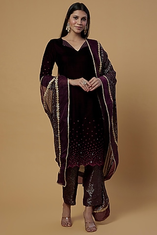 Wine Embroidered Kurta Set by Monk & Mei