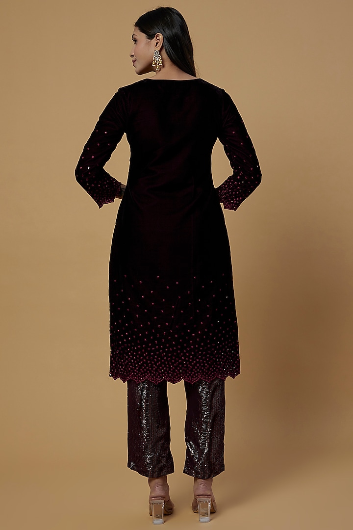 Wine Embroidered Kurta Set by Monk & Mei at Pernia's Pop Up Shop