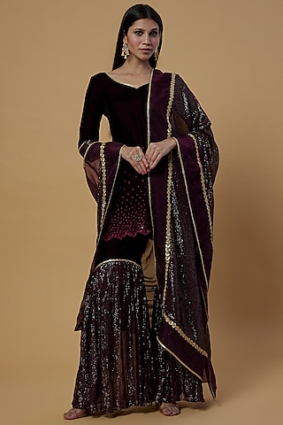 Wine Georgette Sharara Set by Monk & Mei