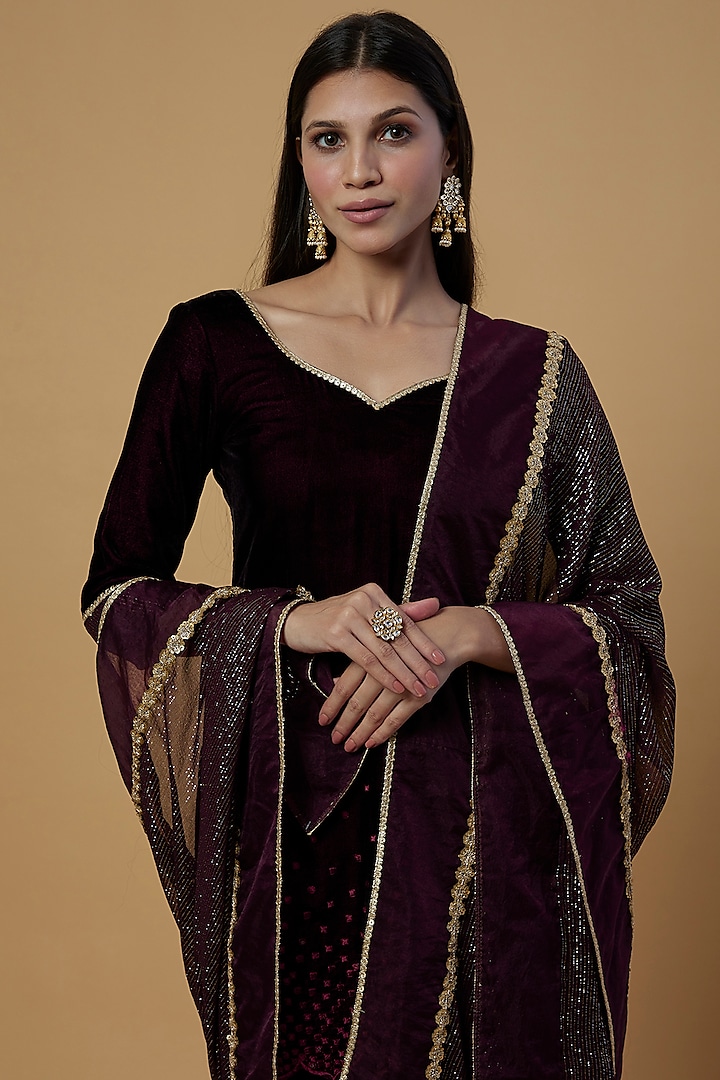 Wine Georgette Party Wear Sharara Set by Monk & Mei at Pernia's Pop Up Shop
