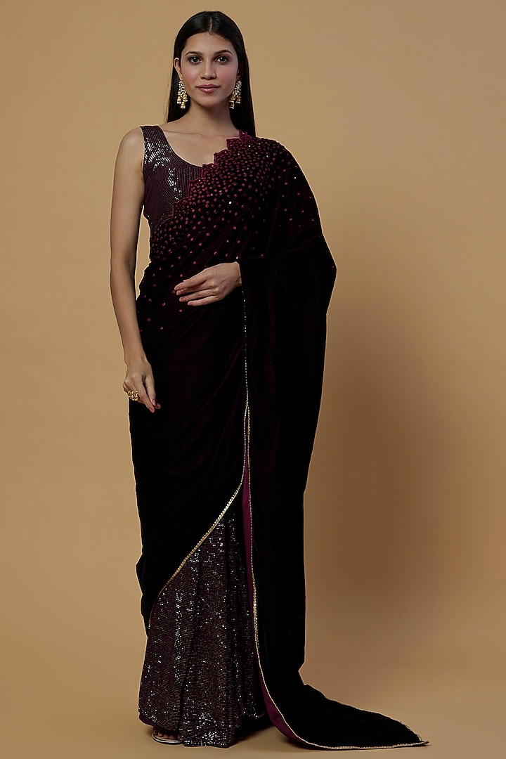 Wine Velvet Sequins Embroidered Saree Set by Monk & Mei