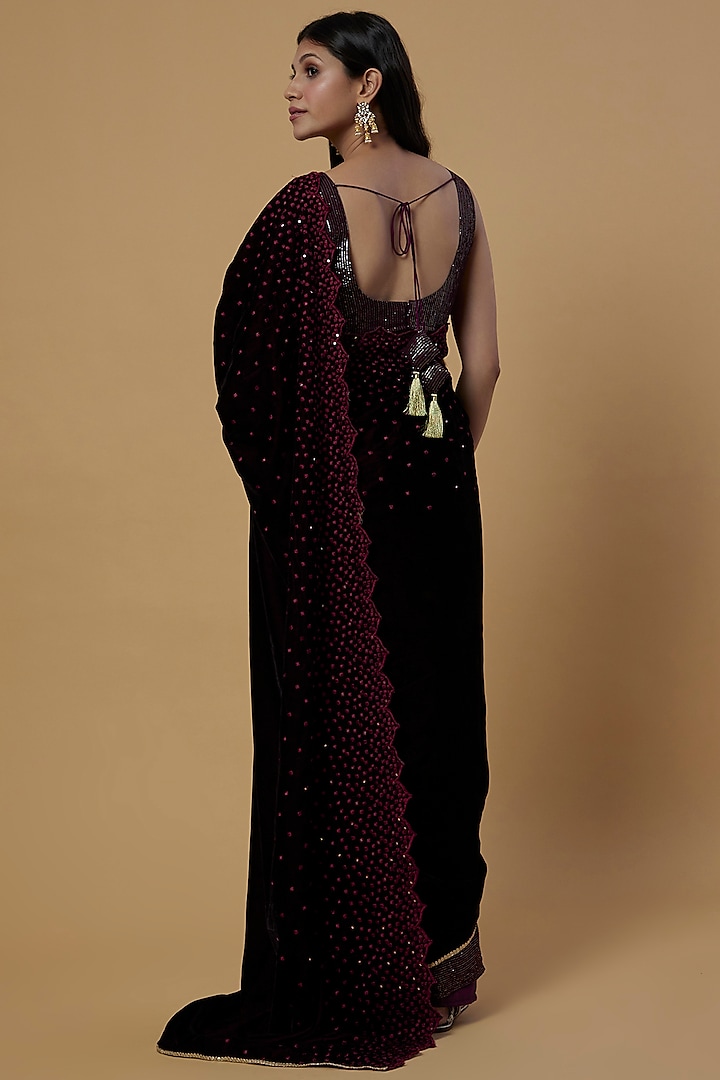 Wine Velvet Sequins Embroidered Festive Saree Set by Monk & Mei at Pernia's Pop Up Shop