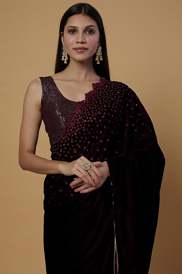 Wine Velvet Sequins Embroidered Festive Saree Set by Monk & Mei at Pernia's Pop Up Shop