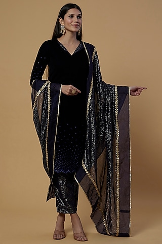 Midnight Blue Embroidered Kurta Set by Monk & Mei