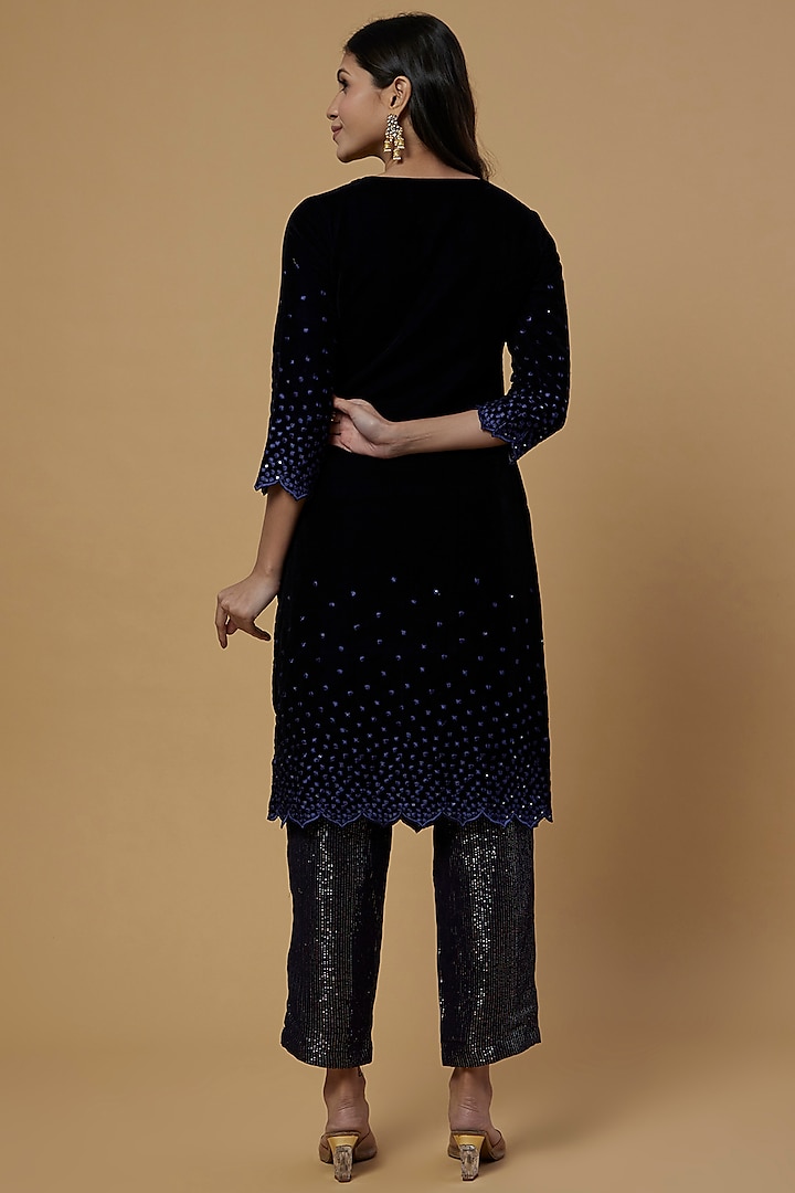 Midnight Blue Embroidered Kurta Set by Monk & Mei at Pernia's Pop Up Shop