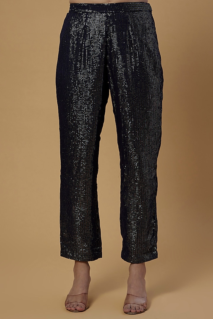 Midnight Blue Embroidered Kurta Set by Monk & Mei at Pernia's Pop Up Shop