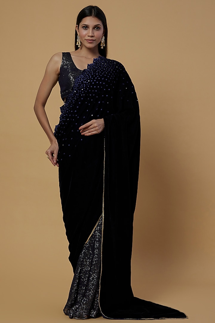 Midnight Blue Embroidered Saree Set by Monk & Mei