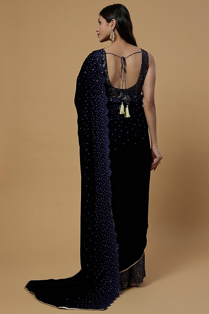 Midnight Blue Embroidered Festive Saree Set by Monk & Mei at Pernia's Pop Up Shop