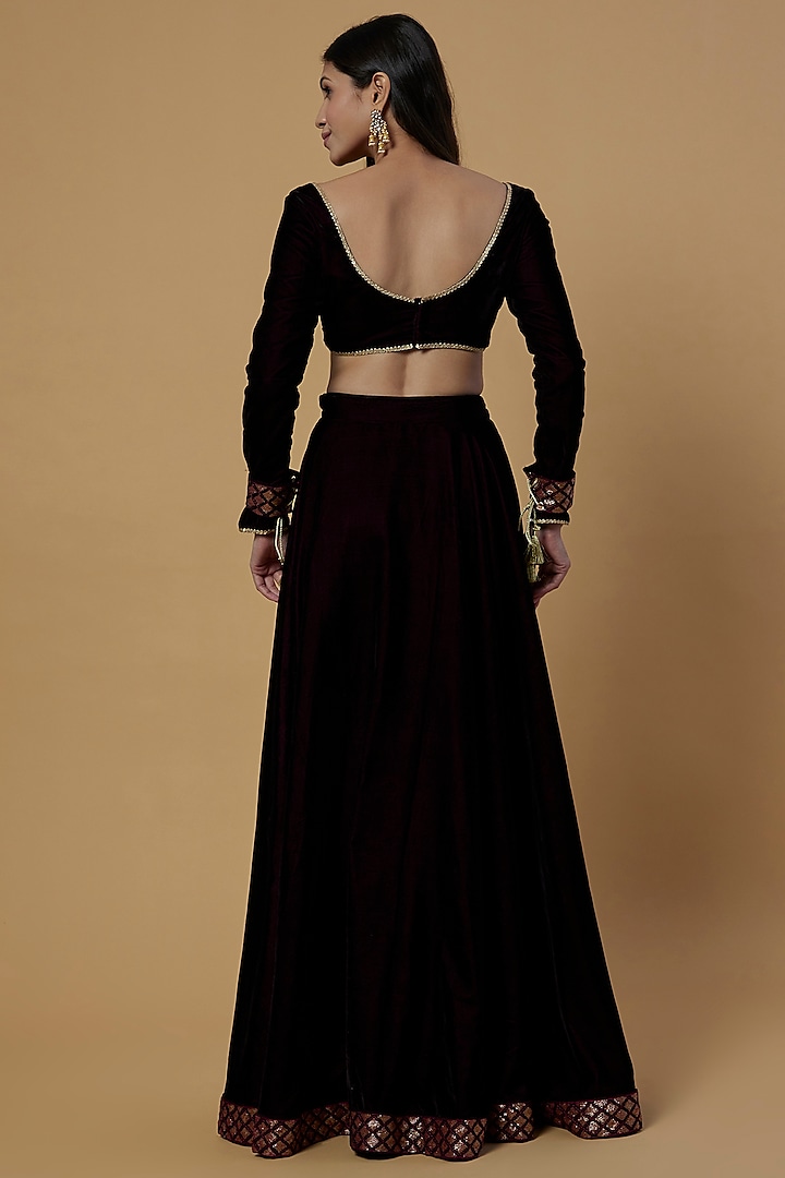 Wine Embroidered Lehenga Set by Monk & Mei at Pernia's Pop Up Shop