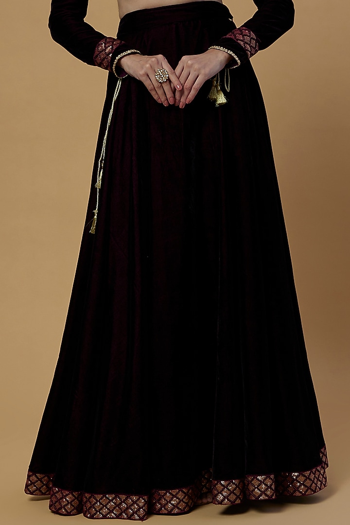Mahagony wine embroidered lehenga set with drape cape