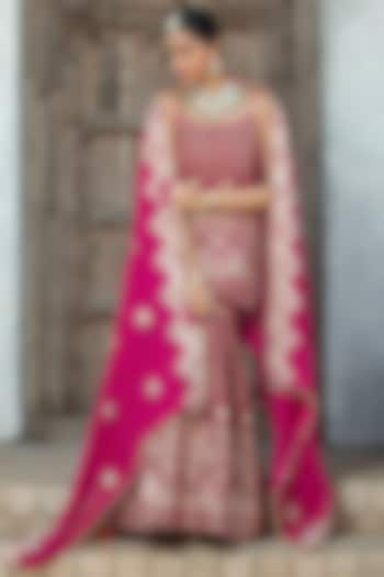 Fuchsia Pink Velvet Gota Embroidered Sharara Set by Monk & Mei at Pernia's Pop Up Shop