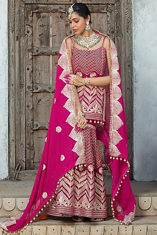 Fuchsia Pink Velvet Gota Embroidered Sharara Set by Monk & Mei