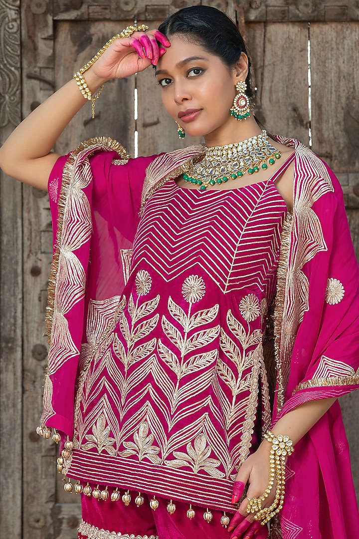 Fuchsia Pink Velvet Gota Embroidered Party Wear Sharara Set by Monk & Mei at Pernia's Pop Up Shop