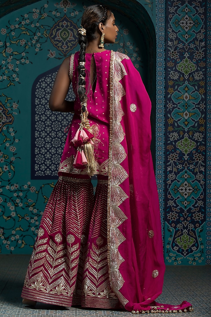 Fuchsia Pink Velvet Gota Embroidered Party Wear Sharara Set by Monk & Mei at Pernia's Pop Up Shop