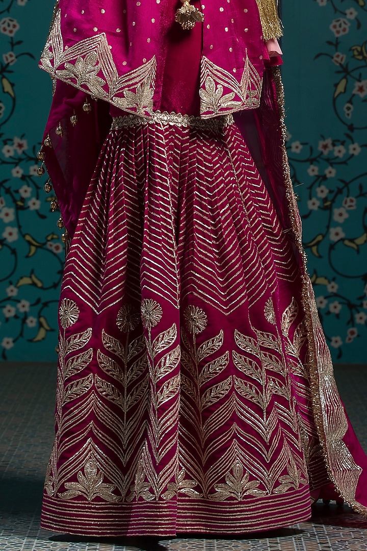 Fuchsia Pink Velvet Gota Embroidered Party Wear Sharara Set by Monk & Mei at Pernia's Pop Up Shop