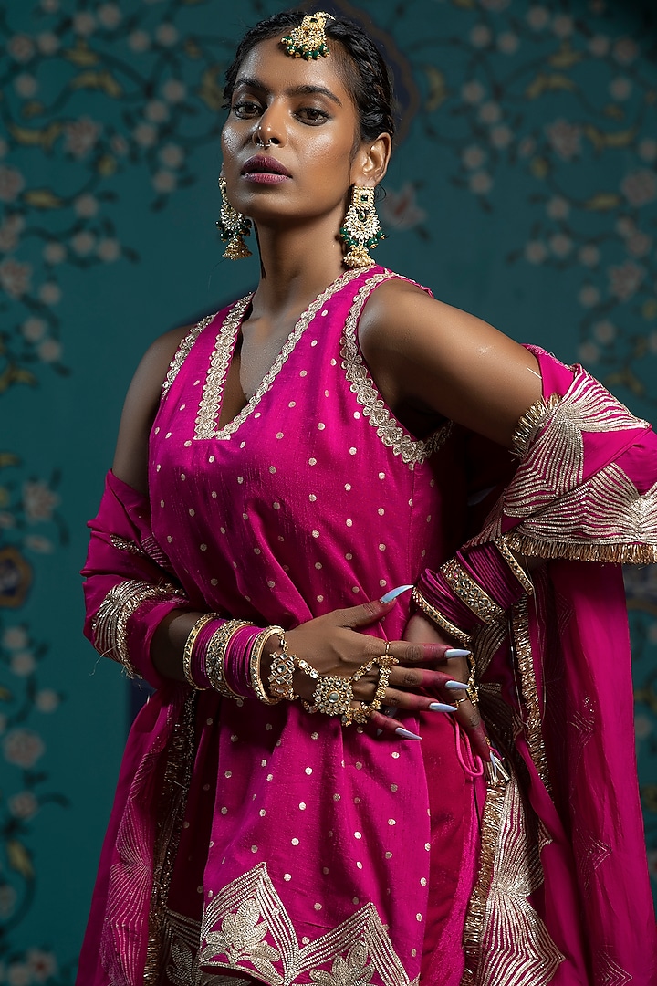 Fuchsia Pink Velvet Gota Embroidered Party Wear Sharara Set by Monk & Mei at Pernia's Pop Up Shop