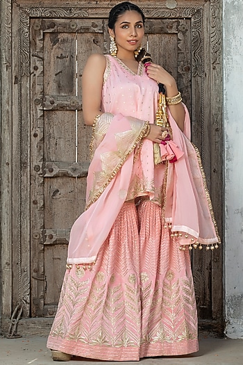Salmon Pink Velvet Gota Embroidered Party Wear Sharara Set by Monk & Mei at Pernia's Pop Up Shop